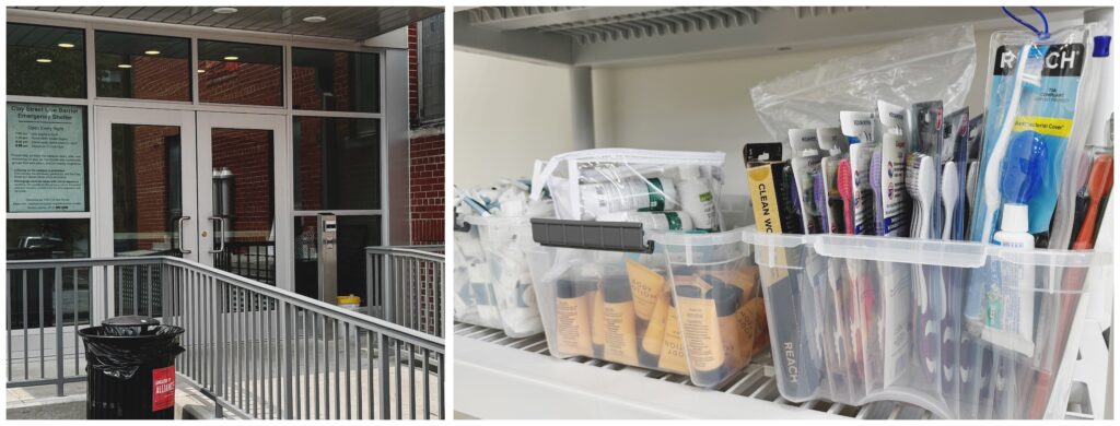 Photo of shelter entrance and example items donated such as toothbrushes